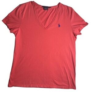 Ralph Lauren Sport Womens Sz XL V Neck T-Shirt Coral Blue pony Logo-1618